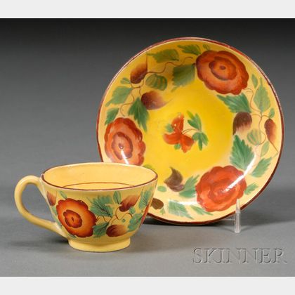 Floral Decorated Yellow Glazed Earthenware Cup and Saucer