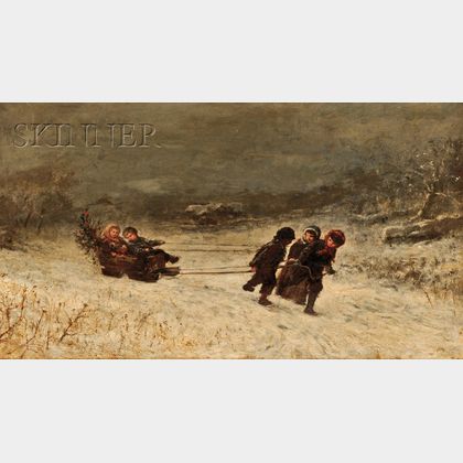 James Crawford Thom (American, 1835-1898) Winter Scene with Children Sledding