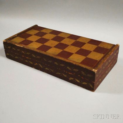 Lacquered Folding Checkers/Backgammon Game Board Box. Estimate $100-150