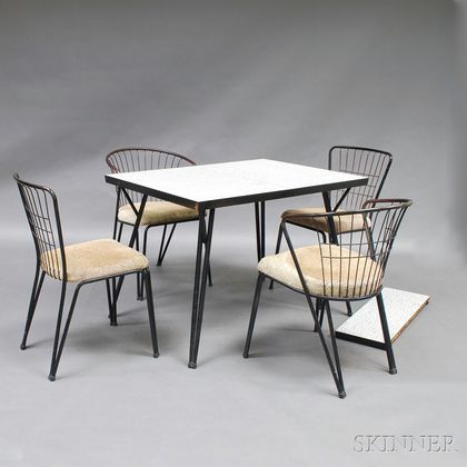 Mid-century Modern Graphic Table with Four Wirework Chairs