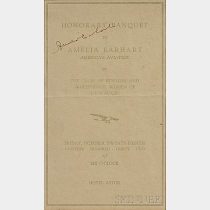 Earhart, Amelia (1897-1937) Signed Banquet Program, 28 October 1932.