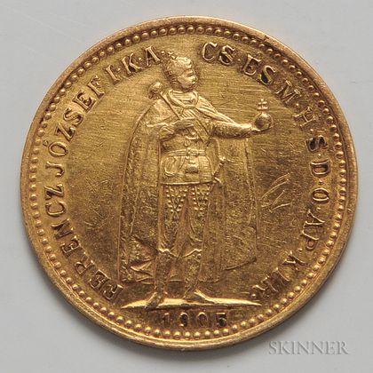 1905 Hungarian 10 Korona Gold Coin. Estimate $100-150