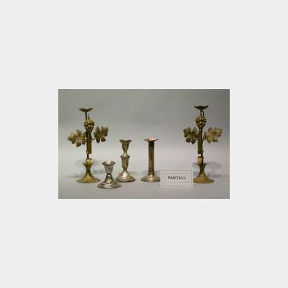 Five Sterling Silver Candleholders and Bud Vase and a Pair of Brass Pricket Candlesticks. 
