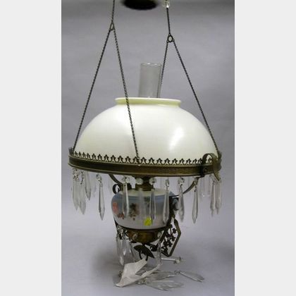 Victorian Decorated Glass and Brass Framed Hanging Kerosene Lamp with Prisms. 