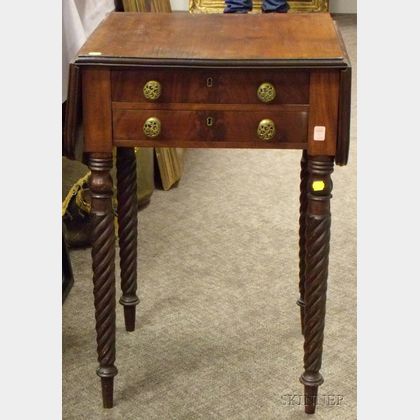 Late Federal Mahogany Drop-leaf Two-Drawer Work Table. 