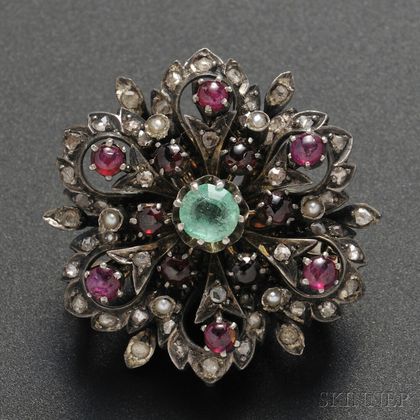 Blackened 14kt Gold, Diamond, Emerald, Ruby, and Seed Pearl Pin
