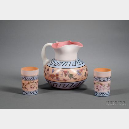 Three-piece Mt. Washington Attributed Hand-painted Floral Decorated Cased Art Glass Beverage Set