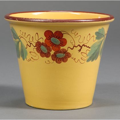 Floral Decorated Yellow Glazed Earthenware Flower Pot