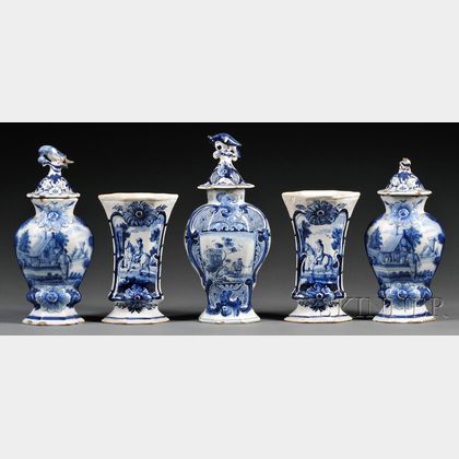 Assembled Five-piece Dutch Delft Blue and White Vase Garniture