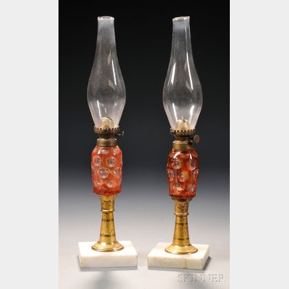 Pair of Small Cut Overlay Glass Fluid Lamps