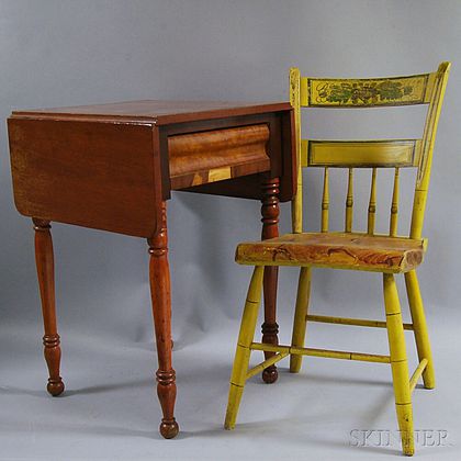 Paint-decorated Thumb-back Windsor Side Chair and a One-drawer Drop-leaf Stand