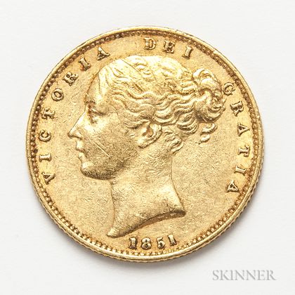1851 British Gold Sovereign. Estimate $300-500