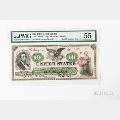1862 $10 Legal Tender Note, Fr. 93, PMG About Uncirculated 55.