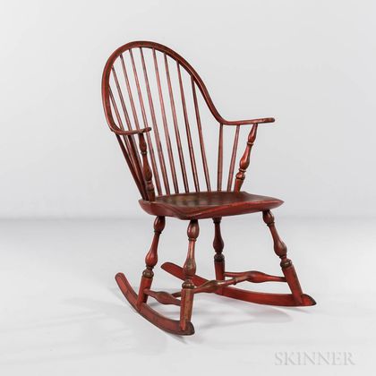Red-painted Continuous-arm Bow-back Windsor Rocking Chair
