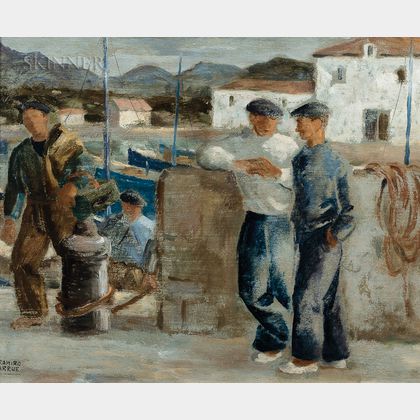 Ramiro Arrue (Spanish, 1892-1971) Sketch of Basque Fishermen on the Docks