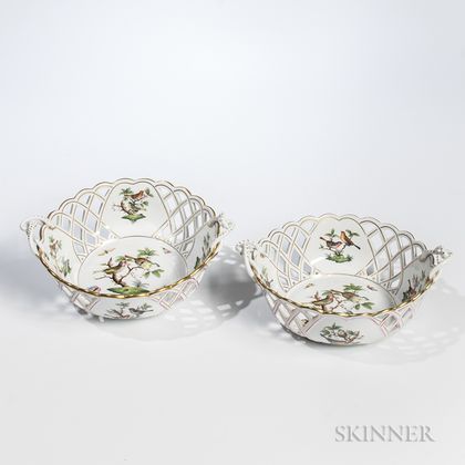 Pair of Herend Rothschild Bird-decorated Reticulated Porcelain Bowls
