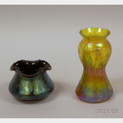Loetz-type Iridescent Oil Spot Glass Vase and Iridescent Glass Ruffled Vase. 