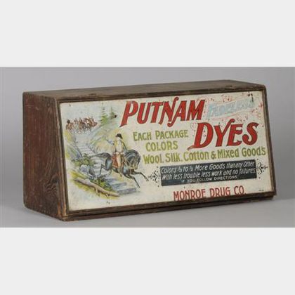 Putnam Dyes/Monroe Drug Co. Chromolithograph Tin and Paper-mounted Wooden Dovetail-constructed Lift-top Counter Display Cabinet