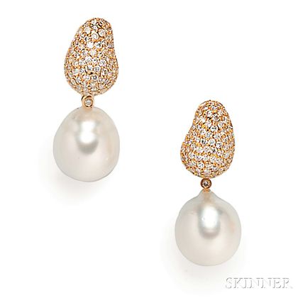 18kt Gold, South Sea Pearl, and Diamond Day/Night Earpendants