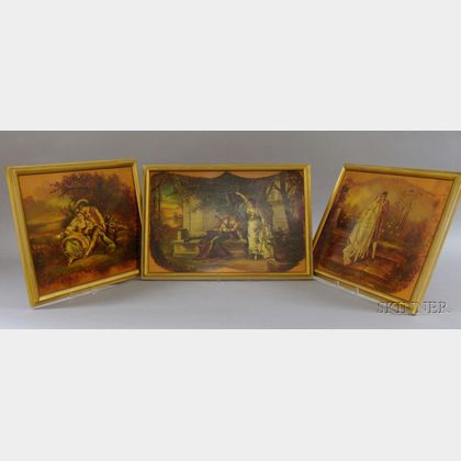 Set of Three Framed Louis XVI Vernis Martin Style Painted Genre Scene Decorated Panels