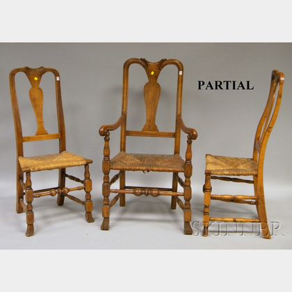 Assembled Set of Seven Queen Anne-style Carved Maple and Ash Chairs with Spanish Feet