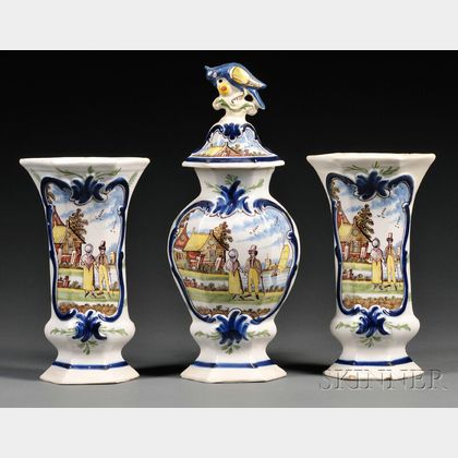 Dutch Delft Three-piece Polychrome Decorated Vase Garniture
