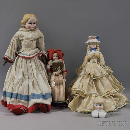 Three Parian-type or Tinted Bisque Dolls and a Doll Head