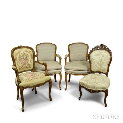 Three Louis XV-style Carved Walnut Upholstered Fauteuil and a Side Chair