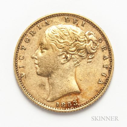 1853 British Gold Sovereign. Estimate $300-500