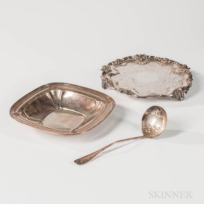Dominick & Haff Sterling Silver Dish and a Silver-plated Salver and Ladle