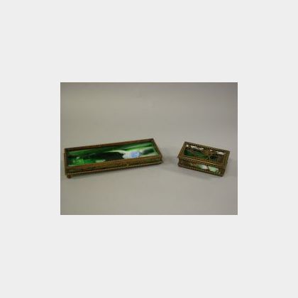 Tiffany Studios Bronze and Green Slag Glass Grapevine Pattern Desk Box and Pine Needle Pattern Tray