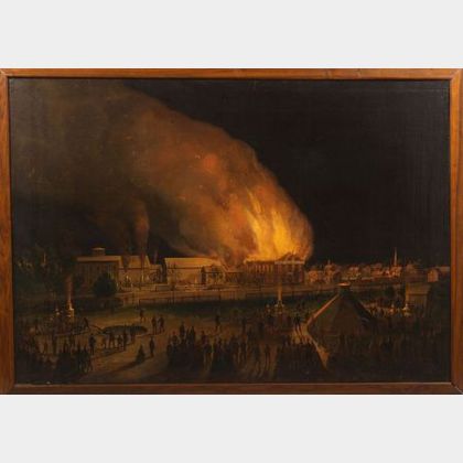 J.P. Fisk, (Boston, ac. late 19th century),Painting of the "Union Wadding Co." Fire, Pawtucket, Rhode Island, 1870