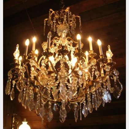 Large Baroque-style Brass and Glass Eighteen-Light Chandelier