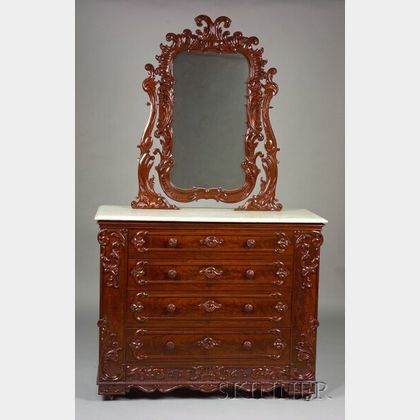 Victorian Rococo Revival Carved Mahogany and Marble-top Dressing Chest with Mirror