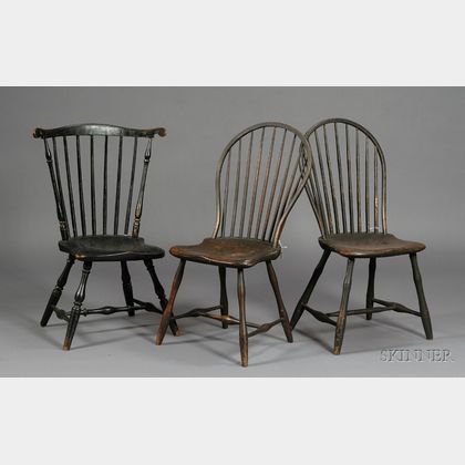 Windsor Fanback Black-painted Side Chair and Two Windsor Brown-painted Bowback Side