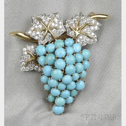 Platinum, 14kt Gold, Turquoise, and Diamond Grape Brooch