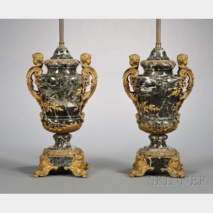 Pair of Louis XV Style Gilt-bronze Mounted Verte Antico Marble Urns Mounted as Lamps