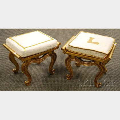 Pair of Spanish Carved Giltwood Stools with Upholstered Cushion Seats