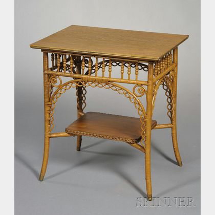 Victorian Oak-top Rattan and Wicker Side Table