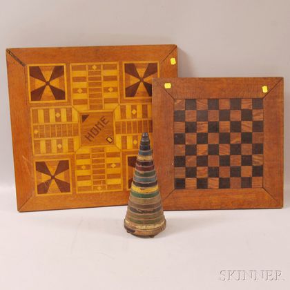 Two Parquetry Game Boards and a Child's Wooden Stacking Toy