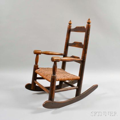 Brown-painted Maple and Pine Child's Armed Rocking Chair