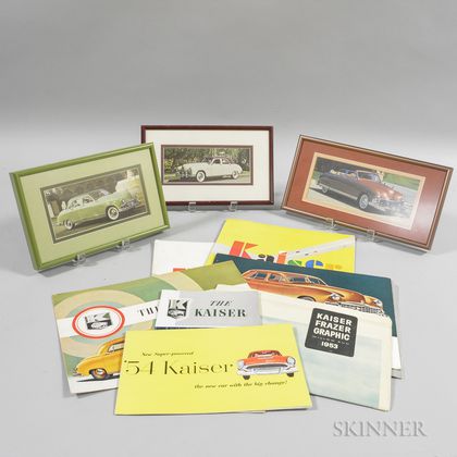 Three Framed 1949 Kaiser Automobile Photographs and Eight Kaiser Pamphlets. Estimate $20-200