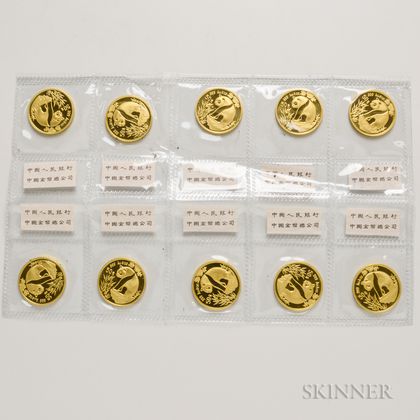 Sheet of Ten 1993 Chinese 50 Yuan Large Date Gold Pandas