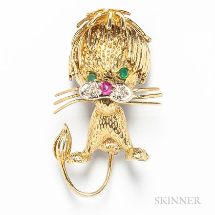18kt Gold, Emerald, Ruby, and Diamond Lion Brooch