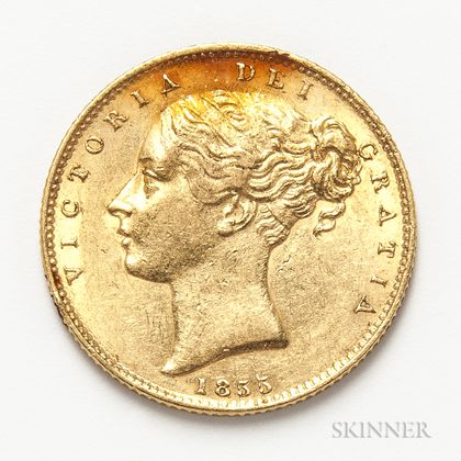 1855 British Gold Sovereign. Estimate $300-500