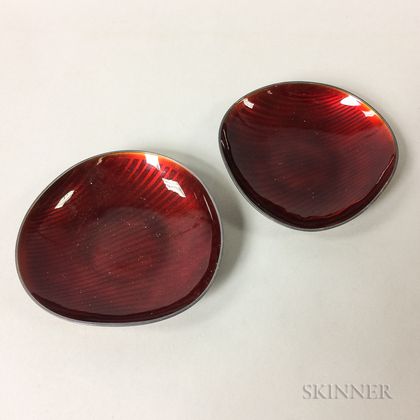 Pair of Danish Silver and Cranberry Enameled Dishes