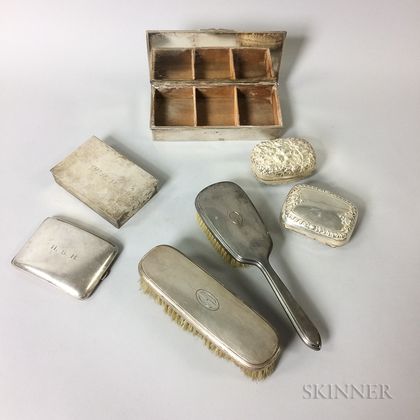 Five Sterling Silver Boxes and Two Sterling Silver-mounted Brushes