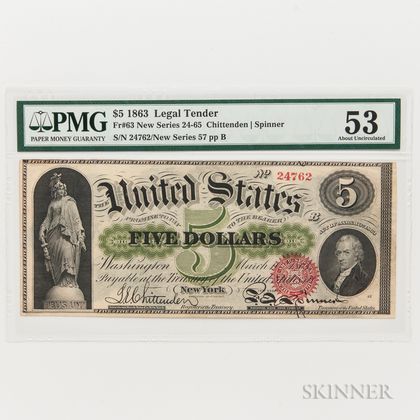 1863 $5 Legal Tender Note, Fr. 63, PMG About Uncirculated 53
