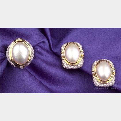 14kt Gold, Cultured Pearl, and Diamond Earclips, Mikimoto