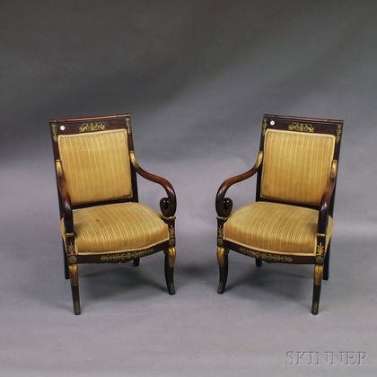 Pair of French Empire Carved Mahogany Ormolu-mounted Fauteuil